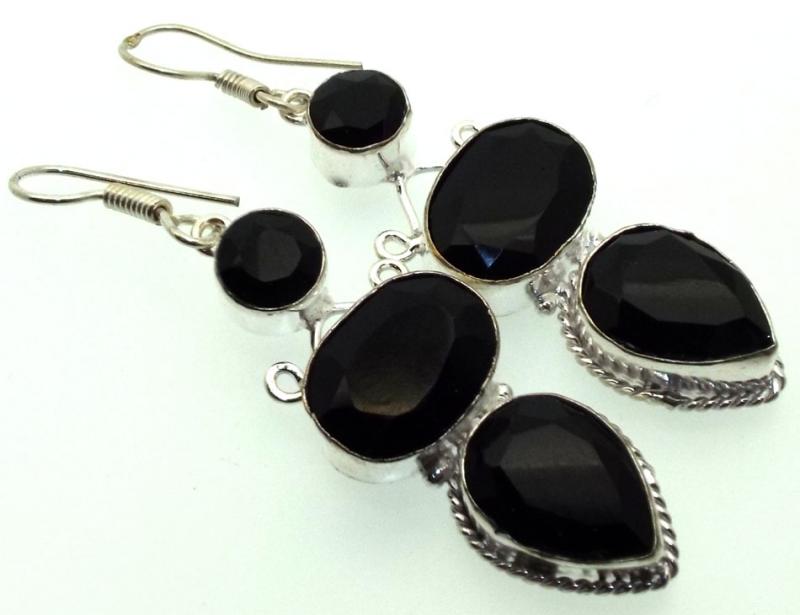 Black Obsidian Gemstone Indian Silver Fishhook Earrings 02