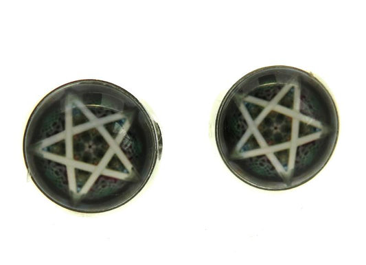 Black Pentacle Glass Dome Metal Stud Earrings