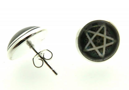 Black Pentacle Glass Dome Metal Stud Earrings