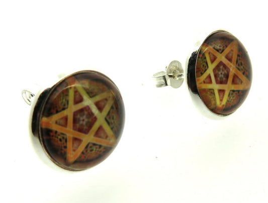 Brown Pentacle Glass Dome Metal Stud Earrings
