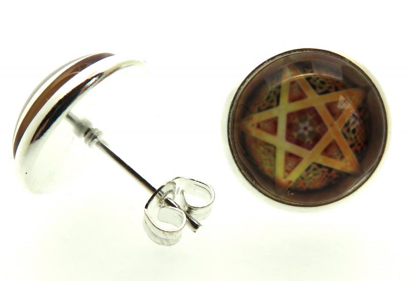 Brown Pentacle Glass Dome Metal Stud Earrings