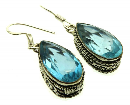 Blue Topaz Gemstone Indian Silver Fishhook Earrings 01