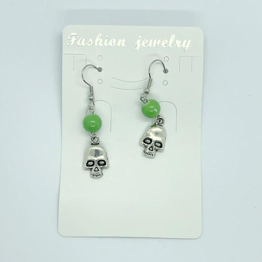 Green Beaded Skull Fishhook Earrings