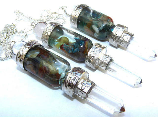 Chakra Floating Gemstone Glass Bottle Pendulum