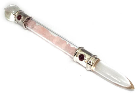 Glass Pipe Healing Wand with Rose Quartz Chips