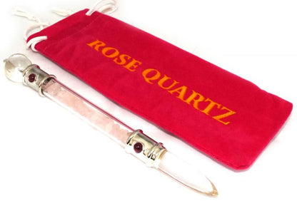 Glass Pipe Healing Wand with Rose Quartz Chips