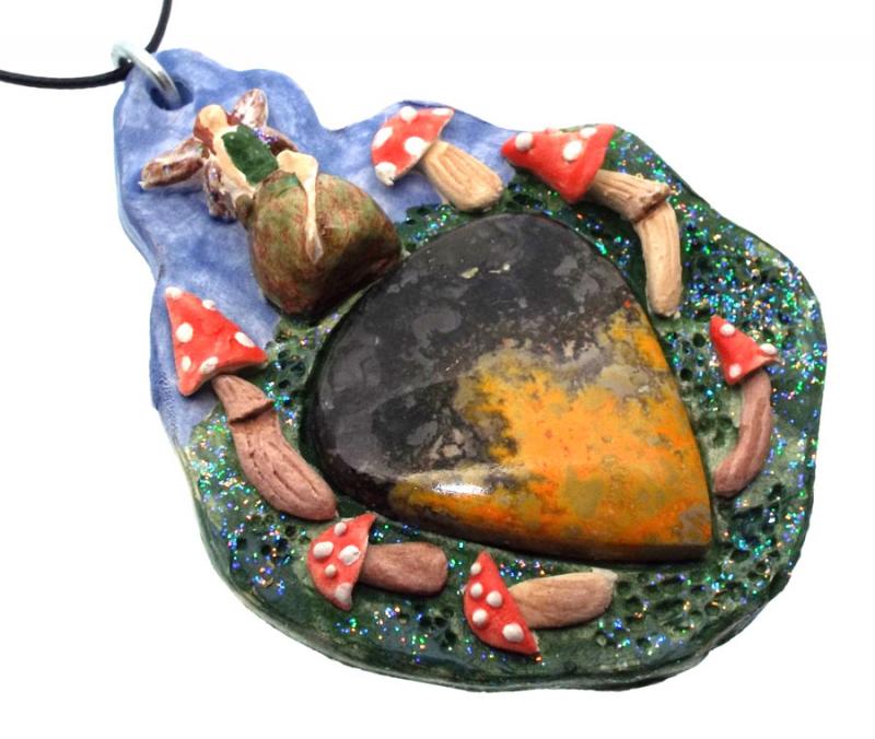 Ceramic Faerie Toadstool with Bumble Bee Jasper Wall Art 58
