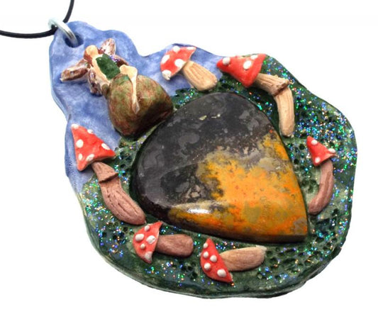 Ceramic Faerie Toadstool with Bumble Bee Jasper Wall Art 58