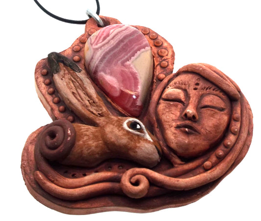 Ceramic Goddess and Hare with Rhodochrosite Wall Art 08