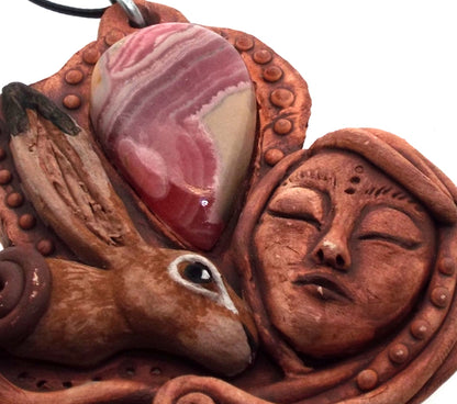 Ceramic Goddess and Hare with Rhodochrosite Wall Art 08