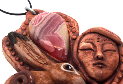 Ceramic Goddess and Hare with Rhodochrosite Wall Art 08