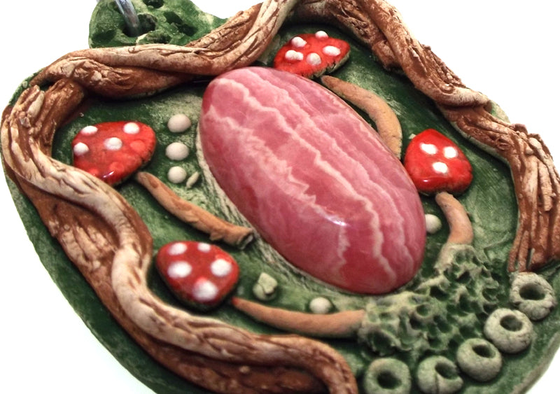 Ceramic Faerie Toadstool with Rhodochrosite Wall Art 22