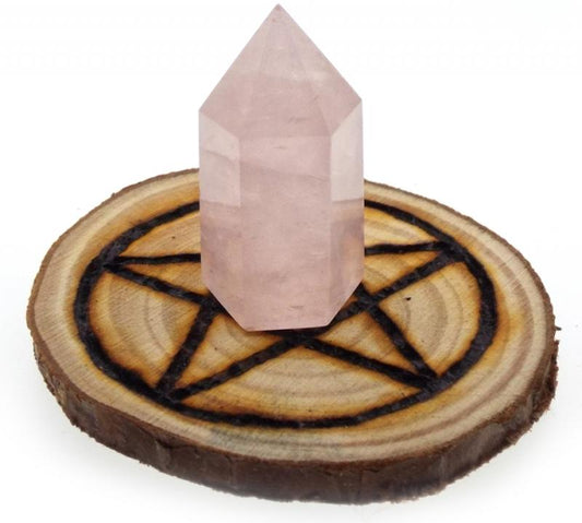 Oak Wooden Pentacle Altar Tile with Rose Quartz Point