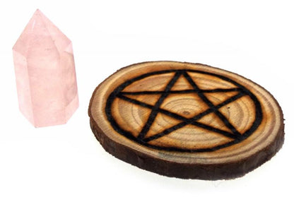 Oak Wooden Pentacle Altar Tile with Rose Quartz Point