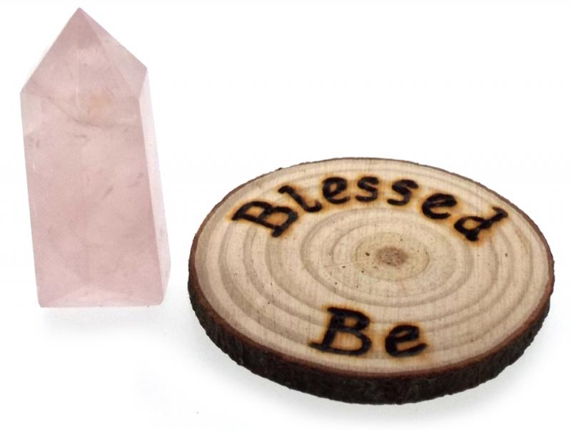 Oak Wooden Blessed Be Altar Tile with Rose Quartz Point