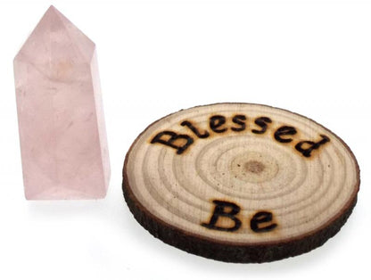 Oak Wooden Blessed Be Altar Tile with Rose Quartz Point