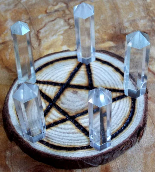 Oak Wooden Pentacle Altar Tile with Five Quartz Points