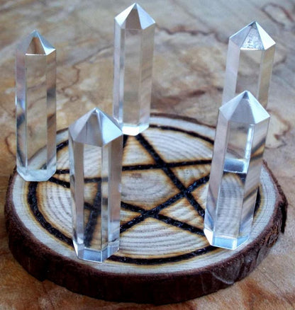 Oak Wooden Pentacle Altar Tile with Five Quartz Points