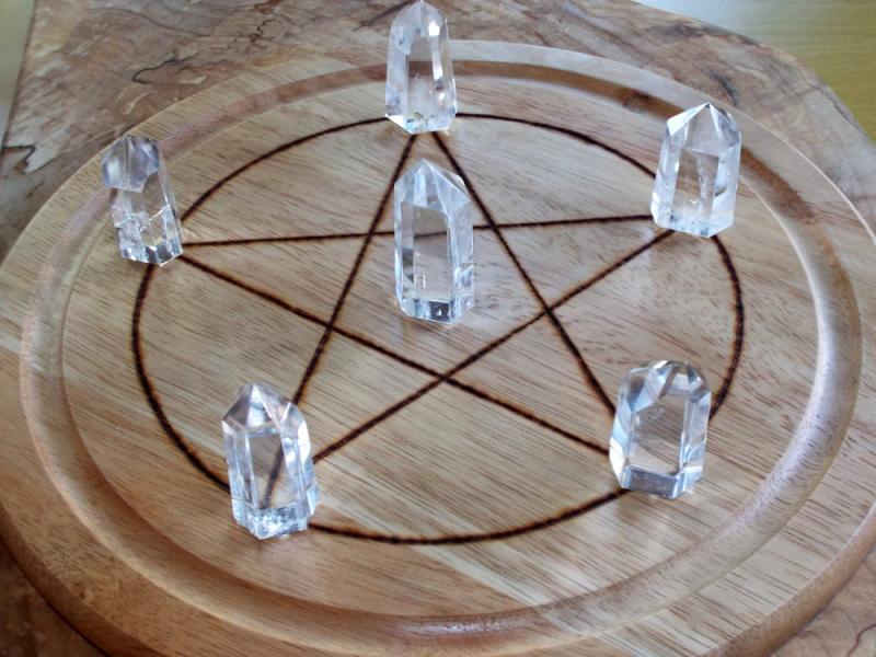Large Wooden Crystal Healing Grid with Six Quartz Points
