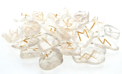 Mini Clear Quartz Etched Gemstone Elder Futhark Rune Set with Booklet