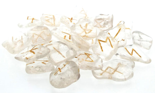 Mini Clear Quartz Etched Gemstone Elder Futhark Rune Set with Booklet