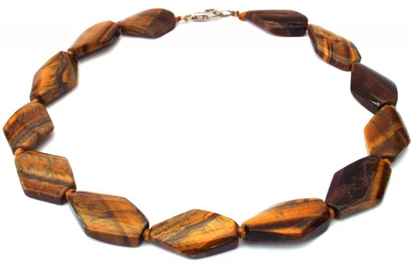 Tigers Eye Gemstone Flat Diamond Shaped Bead Necklace