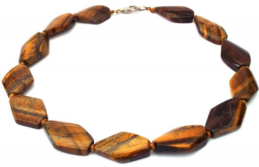 Tigers Eye Gemstone Flat Diamond Shaped Bead Necklace