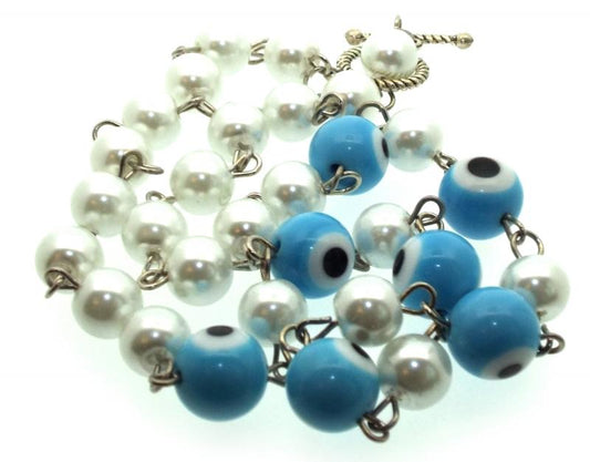 Light Blue Lampwork Evil Eye and Faux Pearl Bead Necklace
