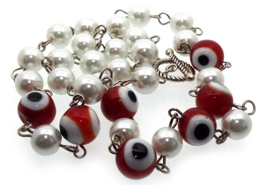 Red Lampwork Evil Eye and Faux Pearl Bead Necklace