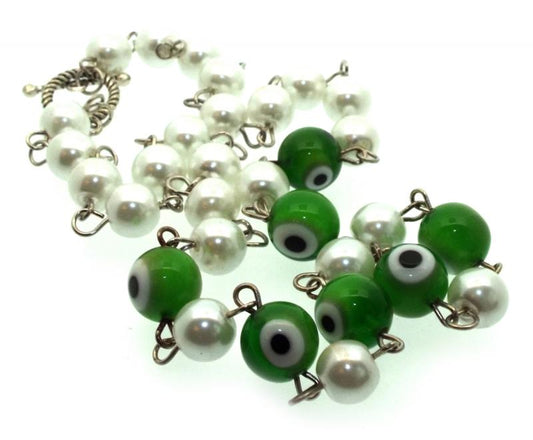 Green Lampwork Evil Eye and Faux Pearl Bead Necklace