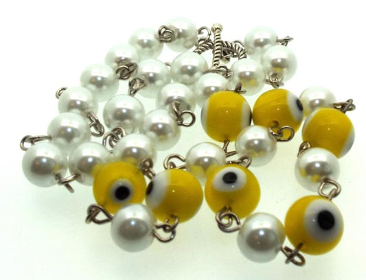 Yellow Lampwork Evil Eye and Faux Pearl Bead Necklace