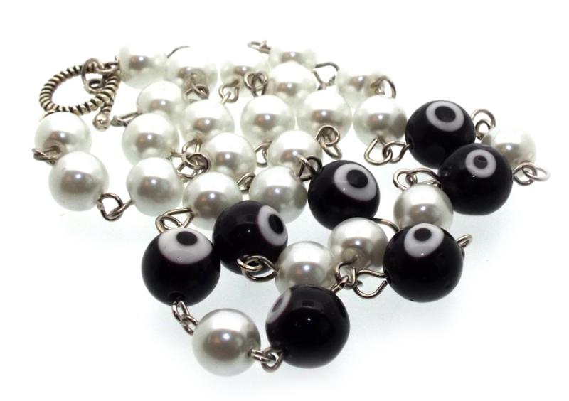 Black Lampwork Evil Eye and Faux Pearl Bead Necklace