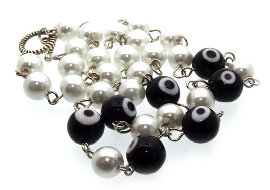 Black Lampwork Evil Eye and Faux Pearl Bead Necklace