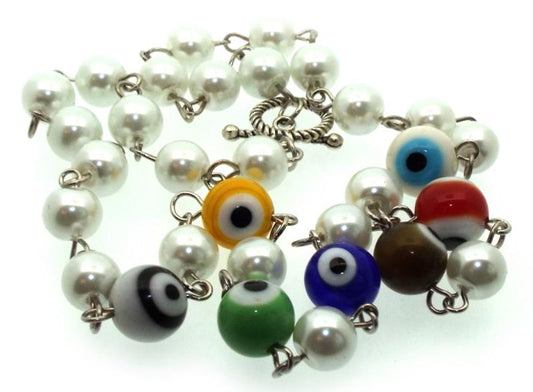 Multi Colour Lampwork Evil Eye and Faux Pearl Bead Necklace