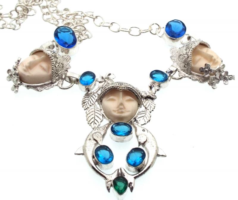 Blue Topaz and Diopside Indian Silver Goddess Necklace 02