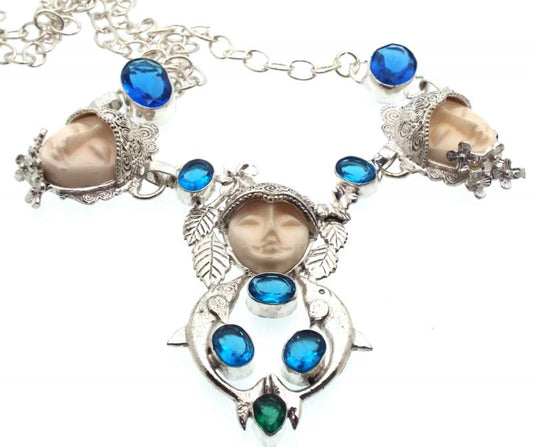 Blue Topaz and Diopside Indian Silver Goddess Necklace 02