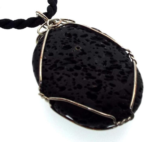 Wired Oval Volcanic Lava Rock Pendant
