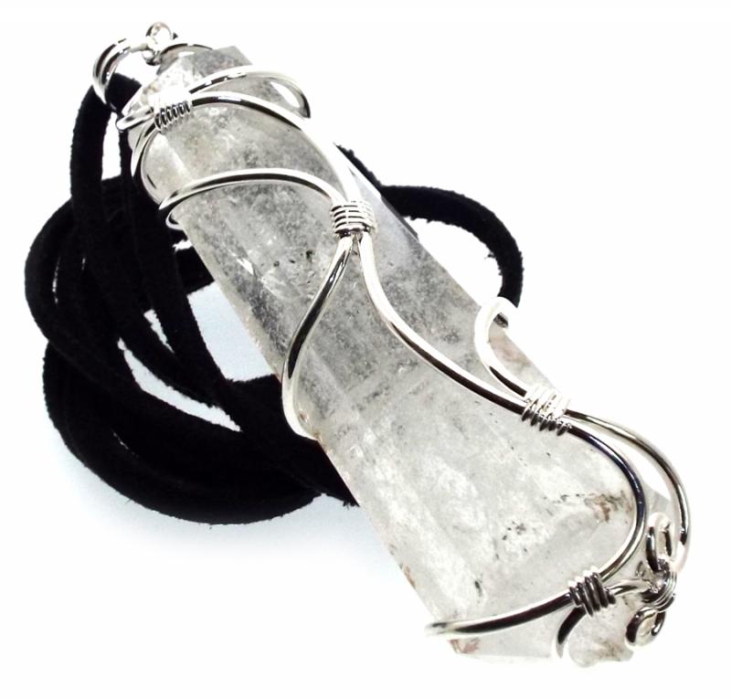 Large Faceted Clear Quartz Coiled Wire Pendant