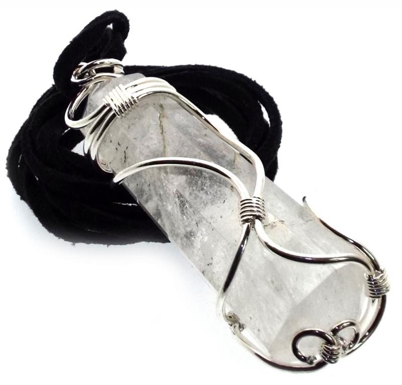 Large Faceted Clear Quartz Coiled Wire Pendant