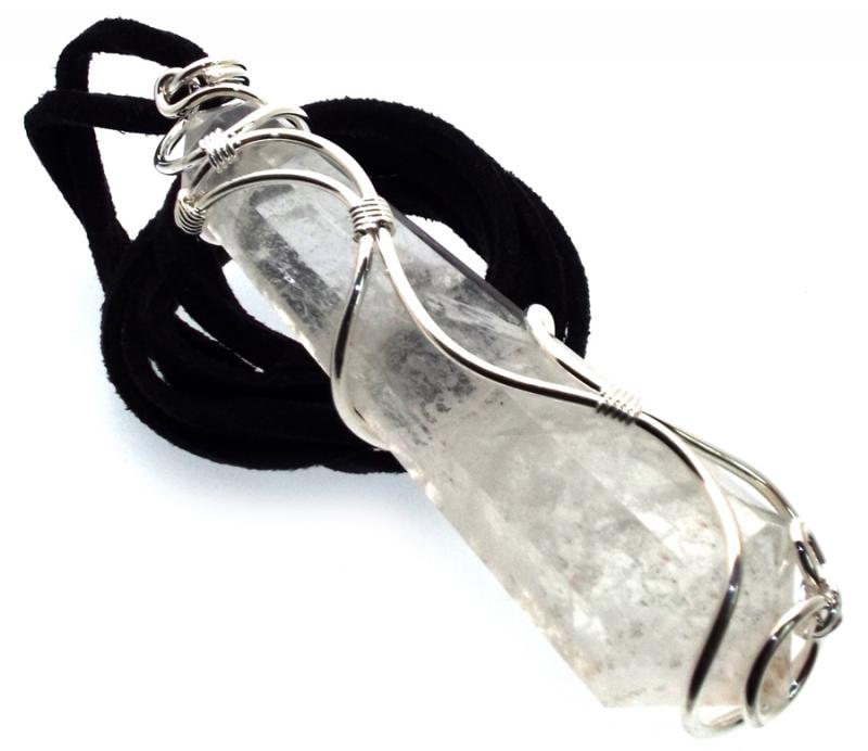 Large Faceted Clear Quartz Coiled Wire Pendant