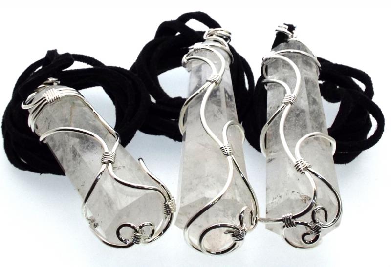 Large Faceted Clear Quartz Coiled Wire Pendant