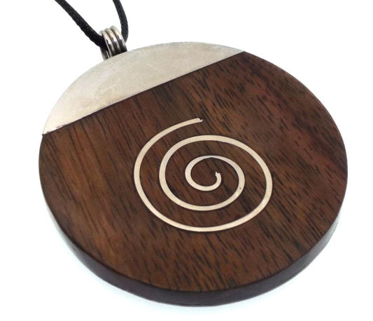 Wood and Metal Spiral Design Round Pendant