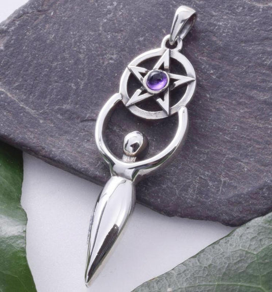 Pentacle Goddess with Amethyst Sterling Silver Pendant