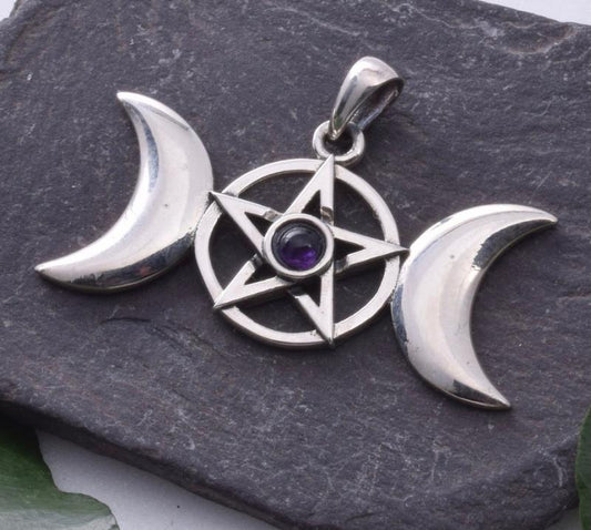 Triple Moon and Pentacle with Amethyst Sterling Silver Pendant
