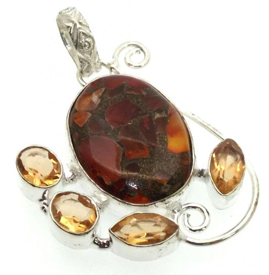 Jasper in Matrix and Tourmaline Indian Silver Pendant 02