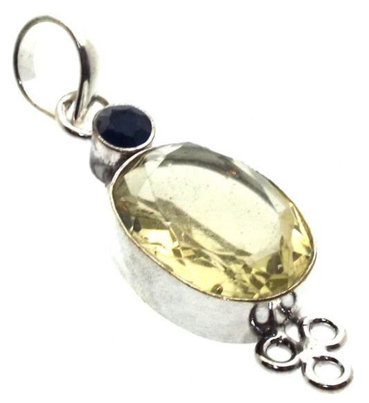 Lemon Quartz and Blue Tourmaline Indian Silver Pendant 01