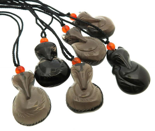 Carved Obsidian Gemstone Fox Pendant