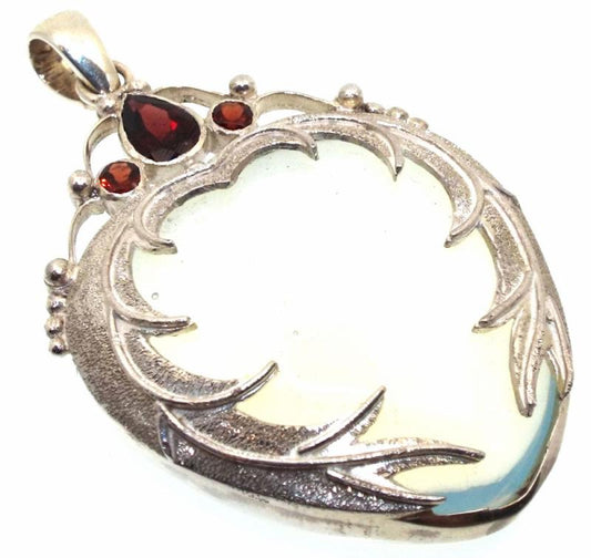 Opalite and Garnet Gemstone Angel Wing Sterling Silver Pendant 01