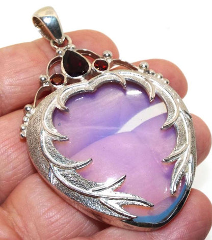 Opalite and Garnet Gemstone Angel Wing Sterling Silver Pendant 01