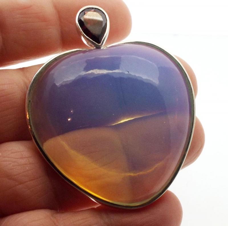 Opalite and Garnet Gemstone Heart Sterling Silver Pendant 02